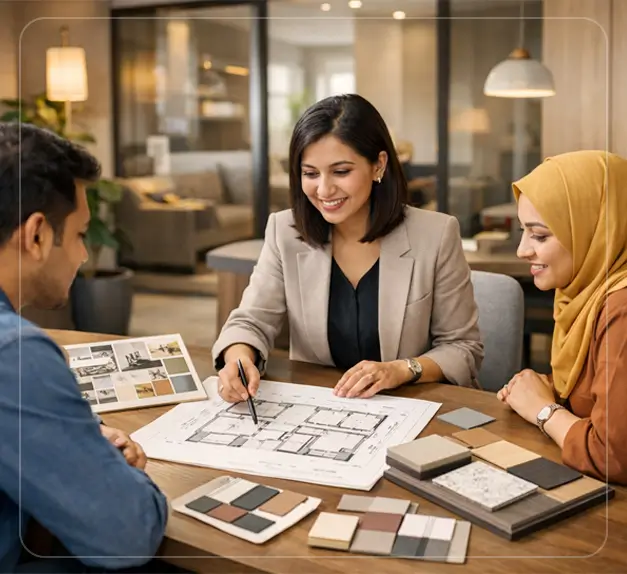 Interior design consultant discussing home and office interior planning with client