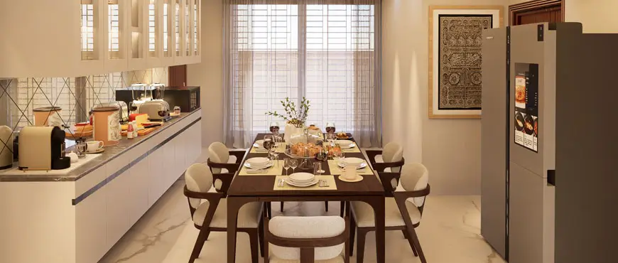 Modern transitional dining room interior with elegant furniture and decor